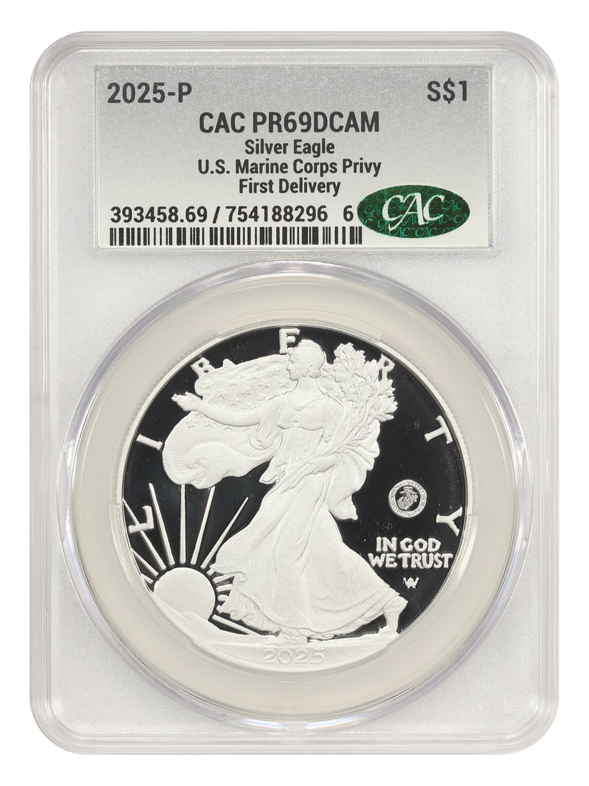 CACG PR69DCAM 2025 P Silver Eagle $1 Marine Corps Privy First Delivery: CACG PR69DCAM 2025 P Silver Eagle $1 Marine Corps Privy First Delivery 2025-P $1 Silver Eagle certified by CACG and graded PR69DCAM. This uncirculated bullion coin is from the Silver Eagles series and
