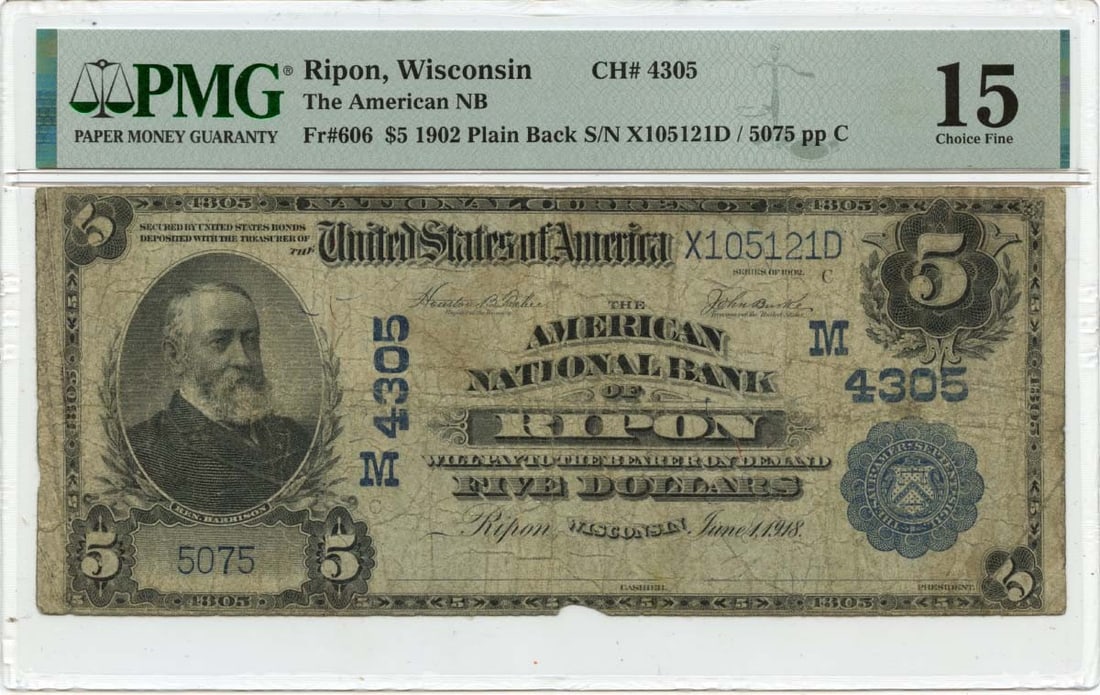1902 $5 American National Bank Ripon Wisconsin PMG F15 Currency Note (1 of 2)