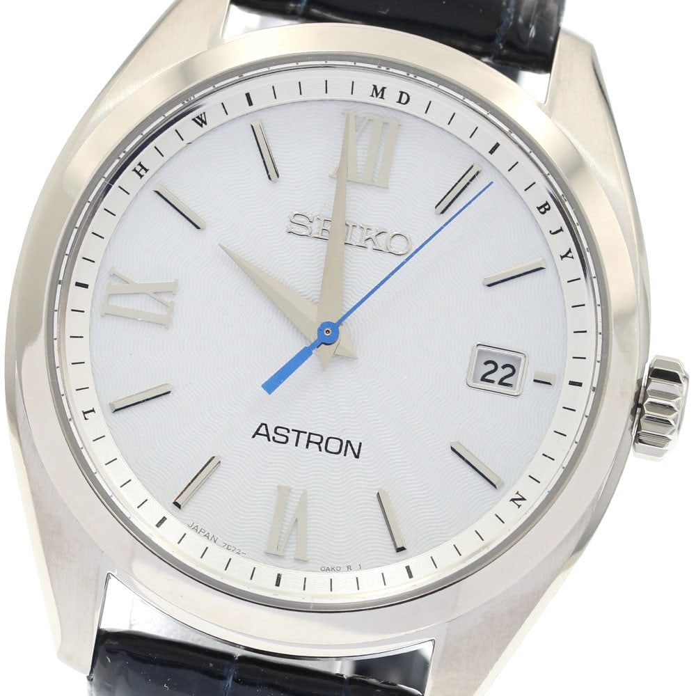 Seiko Astron Origin titanium solar radio controlled date watch: Seiko Astron Origin titanium solar radio controlled date watch This Seiko Astron Origin Date men's wristwatch (model SBXY035/7B72-0AD0) features a titanium case paired with an unused leather band and 