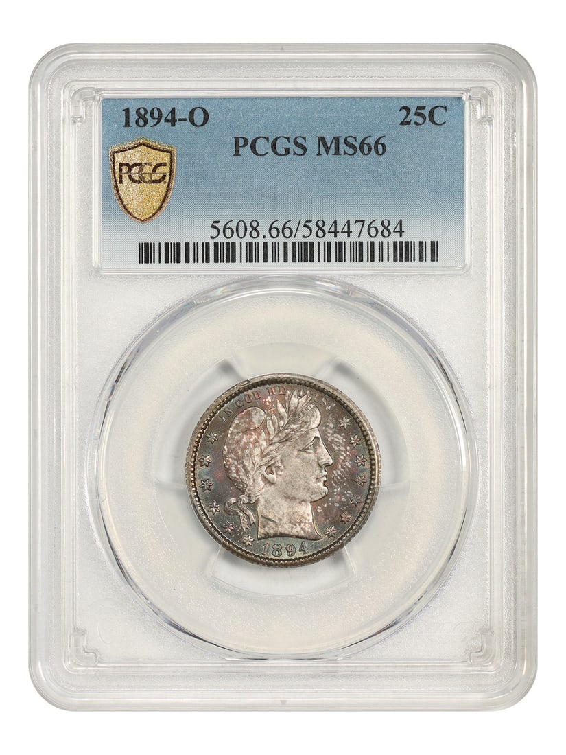 PCGS MS66 1894 O Barber Quarter 25C Uncirculated: PCGS MS66 1894 O Barber Quarter 25C Uncirculated 1894-O Barber Quarter graded PCGS MS66. This uncirculated coin has beautiful teal and lavender tints rotating around the obverse rim, with strong contr