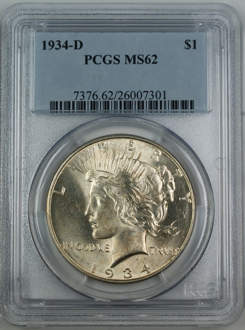 PCGS MS-62 1934-D Peace Silver Dollar from Denver Mint: PCGS MS-62 1934-D Peace Silver Dollar from Denver Mint This 1934-D Peace Silver Dollar coin is certified by PCGS with a grade of MS-62. Minted in Denver, it features a composition of 90% silver and re