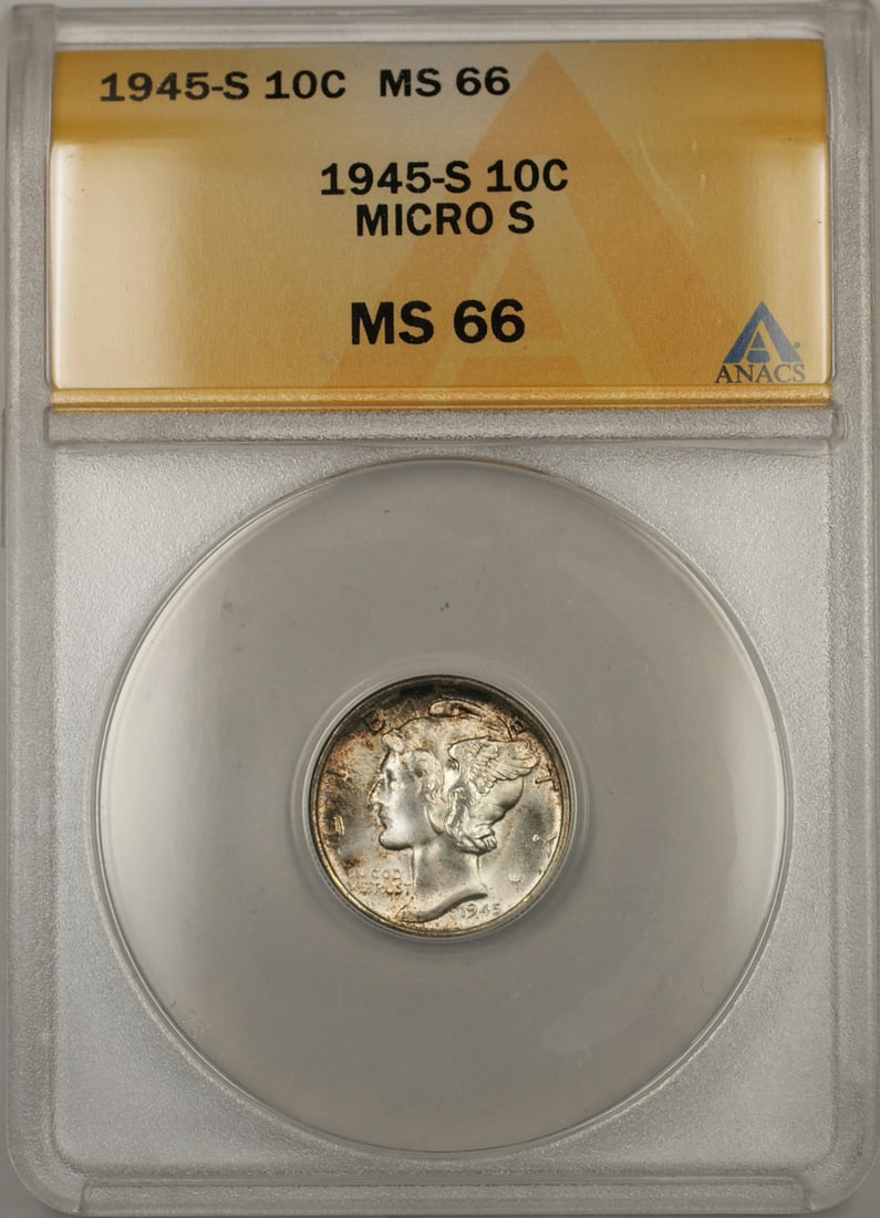 ANACS MS-66 1945-S Mercury dime Silver Micro S: ANACS MS-66 1945-S Mercury dime Silver Micro S This 1945-S Mercury Dime is composed of silver and was minted in San Francisco. Graded MS-66 by ANACS, this coin is uncirculated and features the sought-