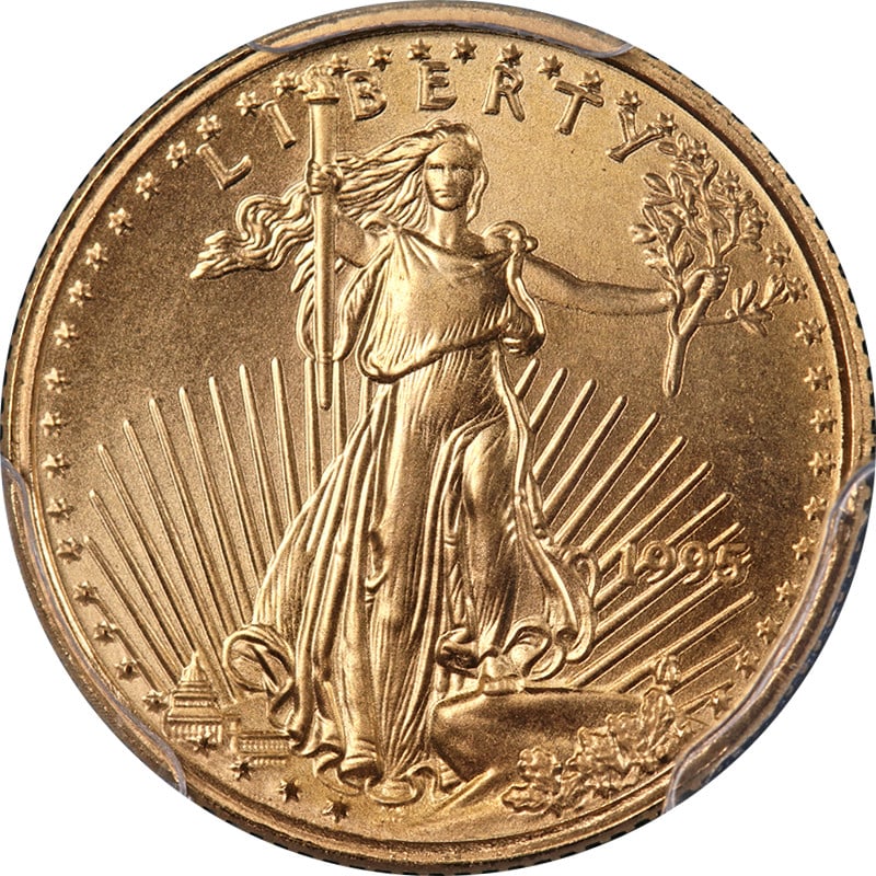 PCGS MS70 1995 $5 Gold American Eagle Coin: PCGS MS70 1995 $5 Gold American Eagle Coin This 1995 Gold American Eagle $5 coin is certified by PCGS with a grade of MS70, indicating a flawless, un-used condition. Made from gold with a fineness of 
