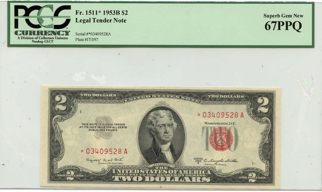 1953B $2 Legal Tender Star Note FR#1511* PCGS Superb 67PPQ Certified: 1953B $2 Legal Tender Star Note FR#1511* PCGS Superb 67PPQ Certified This 1953B $2 Legal Tender Star Note FR#1511* is a remarkable piece of currency certified by PCGS with a superb grade of 67PPQ. The