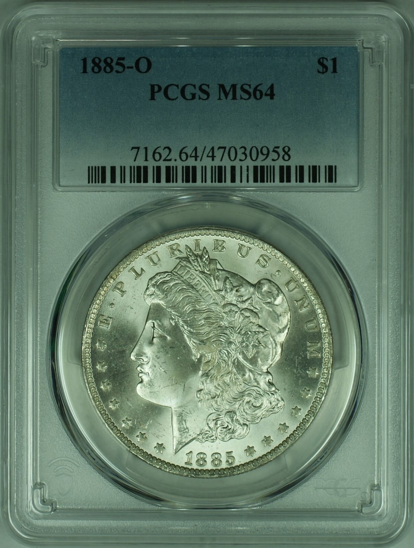 PCGS MS-64 1885-O Morgan Silver Dollar New Orleans Mint Certified: PCGS MS-64 1885-O Morgan Silver Dollar New Orleans Mint Certified This is an 1885-O Morgan Silver Dollar coin certified by PCGS with a grade of MS-64. Struck in New Orleans, the coin features a silver