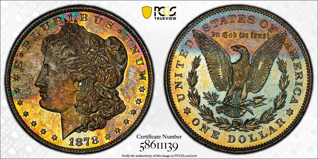 1878 Morgan Silver Dollar MS64 CAC Rainbow Toned PCGS Certified: 1878 Morgan Silver Dollar MS64 CAC Rainbow Toned PCGS Certified This stunning 1878 Morgan Silver Dollar is a remarkable collectible, showcasing a beautiful rainbow toning. It is categorized as uncircu