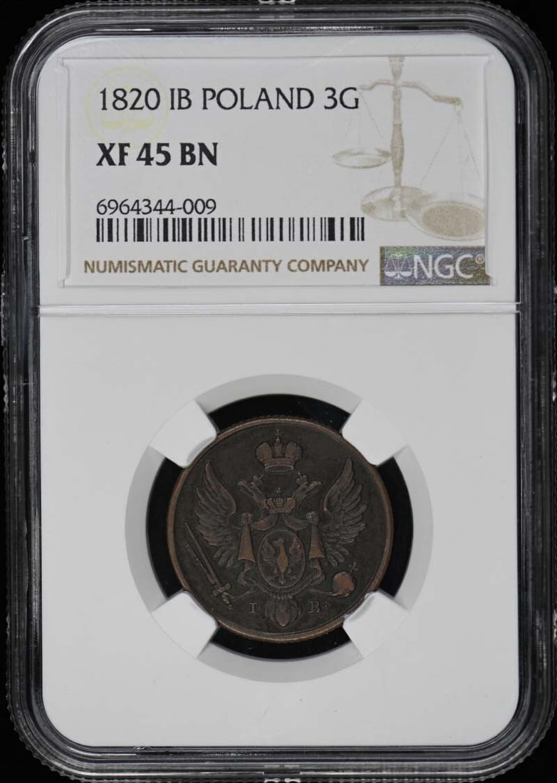 1820 Poland 3 Groszy Coin NGC XF45 Certified: 1820 Poland 3 Groszy Coin NGC XF45 Certified This 1820 3 Groszy coin from Poland is a remarkable piece of history. It has been graded by NGC as XF45, indicating its excellent condition despite being c