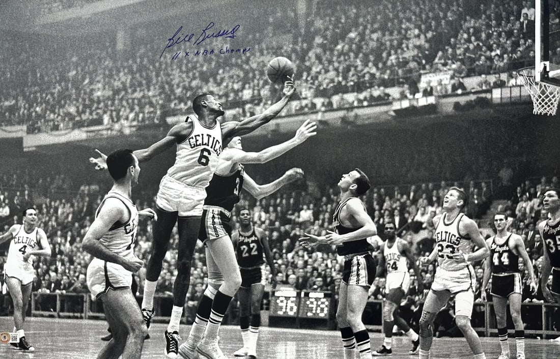 Bill Russell Signed 20x30 Photo Inscribed 11x NBA Champs Beckett 10 LOA: Bill Russell Signed 20x30 Photo Inscribed 11x NBA Champs Beckett 10 LOA This remarkable 20x30 black and white photograph features a bold signature from Boston Celtics Hall of Fame Legend Bill Russell,