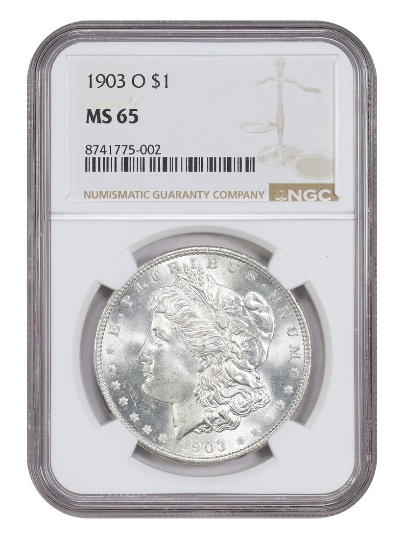 NGC MS65 1903-O Morgan Dollar $1 New Orleans Issue: NGC MS65 1903-O Morgan Dollar $1 New Orleans Issue 1903-O Morgan Dollar $1 certified by NGC and graded MS65. This uncirculated New Orleans issue is presented as a great gem example of this better O-mi
