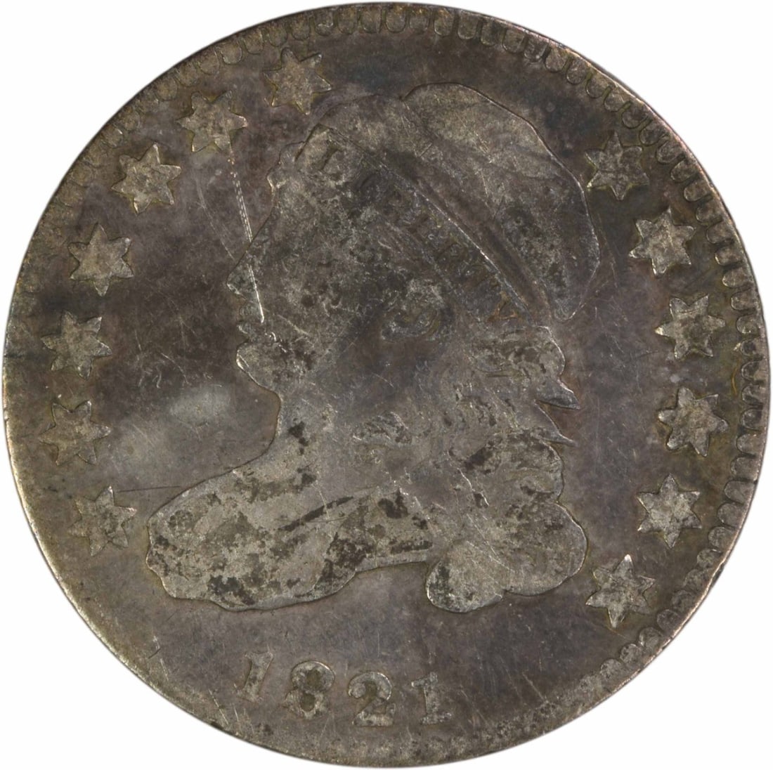 1821 Capped Bust 10C Silver Coin Small Date VG Uncertified: 1821 Capped Bust 10C Silver Coin Small Date VG Uncertified This 1821 Capped Bust Dime features the small date variety and was struck at the Philadelphia Mint. Designed by John Reich, the coin is compo