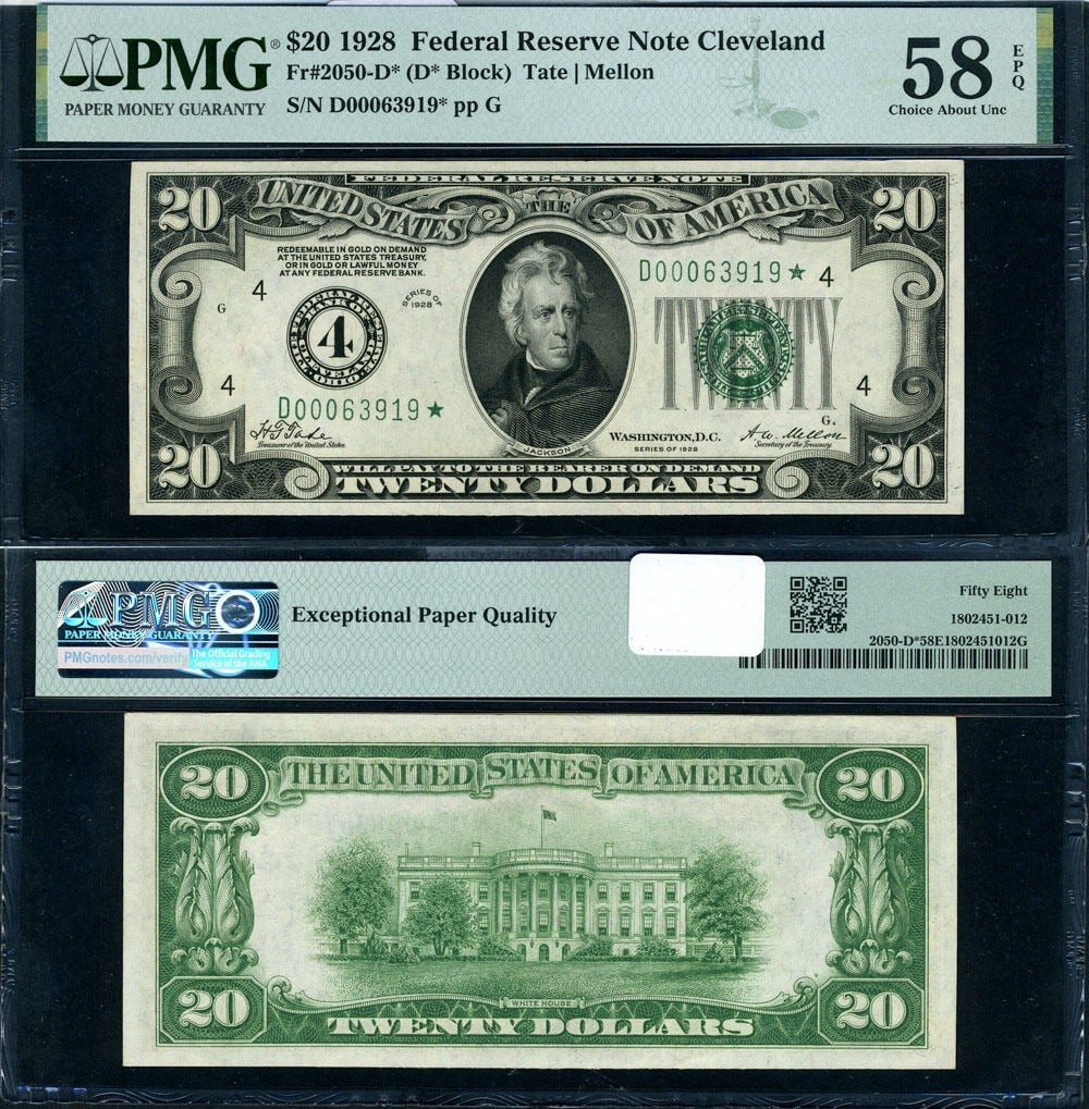 1928 $20 Cleveland Federal Reserve Star Note PMG Choice AU58 (1 of 3)
