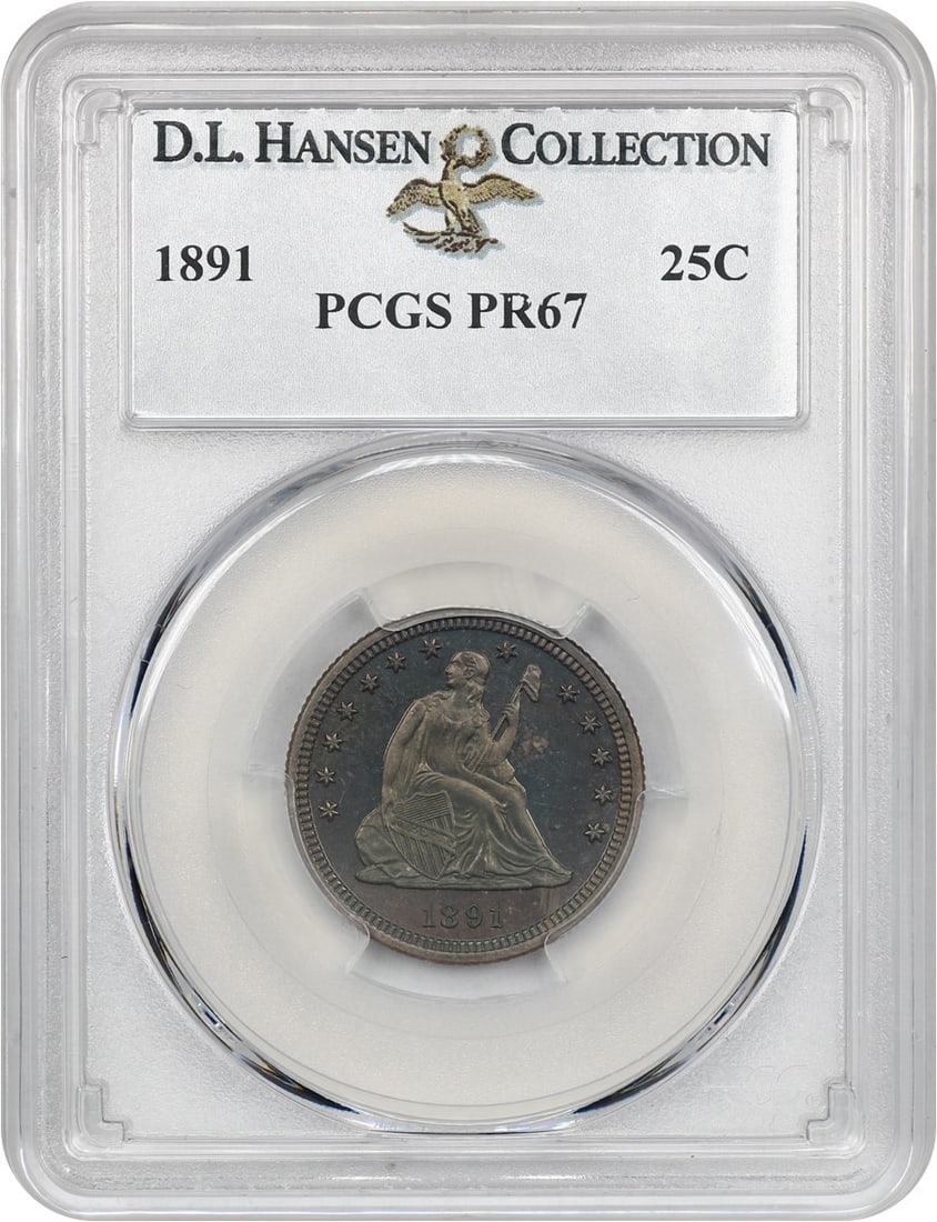 PCGS PR67 1891 Liberty Seated Quarter 25C ex D.L. Hansen: PCGS PR67 1891 Liberty Seated Quarter 25C ex D.L. Hansen This 1891 25c Liberty Seated Quarter is certified by PCGS and graded PR67. It is the final year of issue, with a mintage of just 600 coins stru