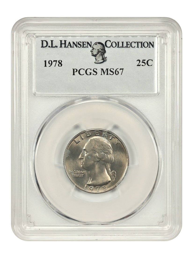 PCGS MS67 1978 Washington Quarter 25C ex D.L. Hansen: PCGS MS67 1978 Washington Quarter 25C ex D.L. Hansen 1978 Washington Quarter graded PCGS MS67. This uncirculated 25C coin was struck in Philadelphia and carries certification number 35003019. The coin
