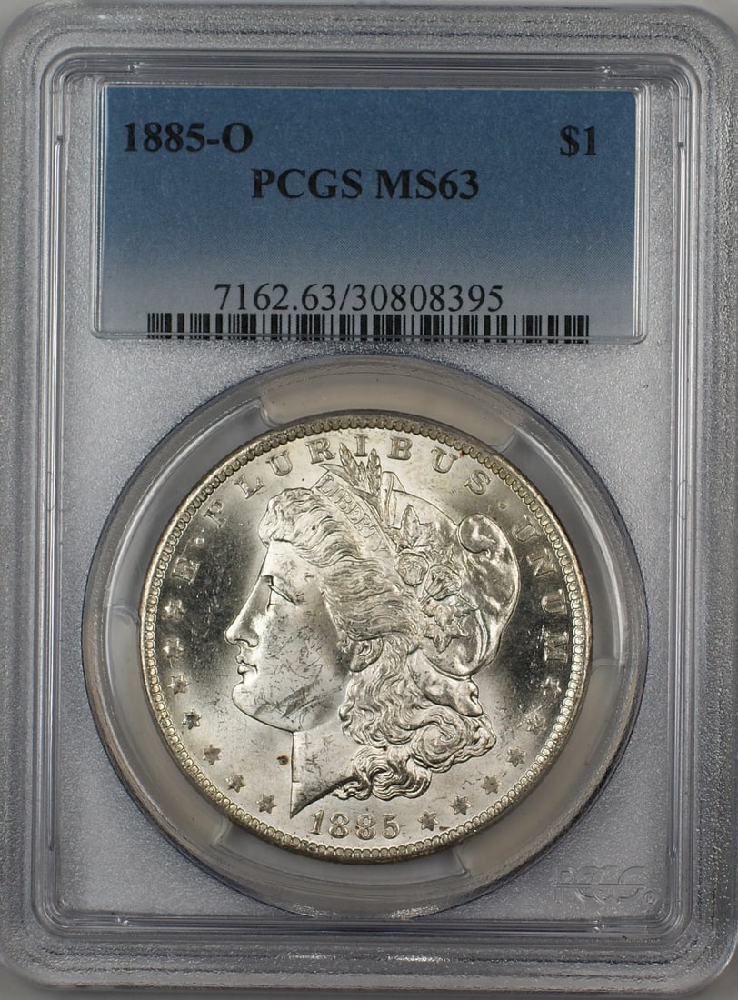 PCGS MS63 1885-O Morgan Silver Dollar New Orleans Mint Uncirculated: PCGS MS63 1885-O Morgan Silver Dollar New Orleans Mint Uncirculated This is an 1885-O Morgan Silver Dollar $1 coin, certified by PCGS with a grade of MS 63. Minted in New Orleans, this uncirculated co