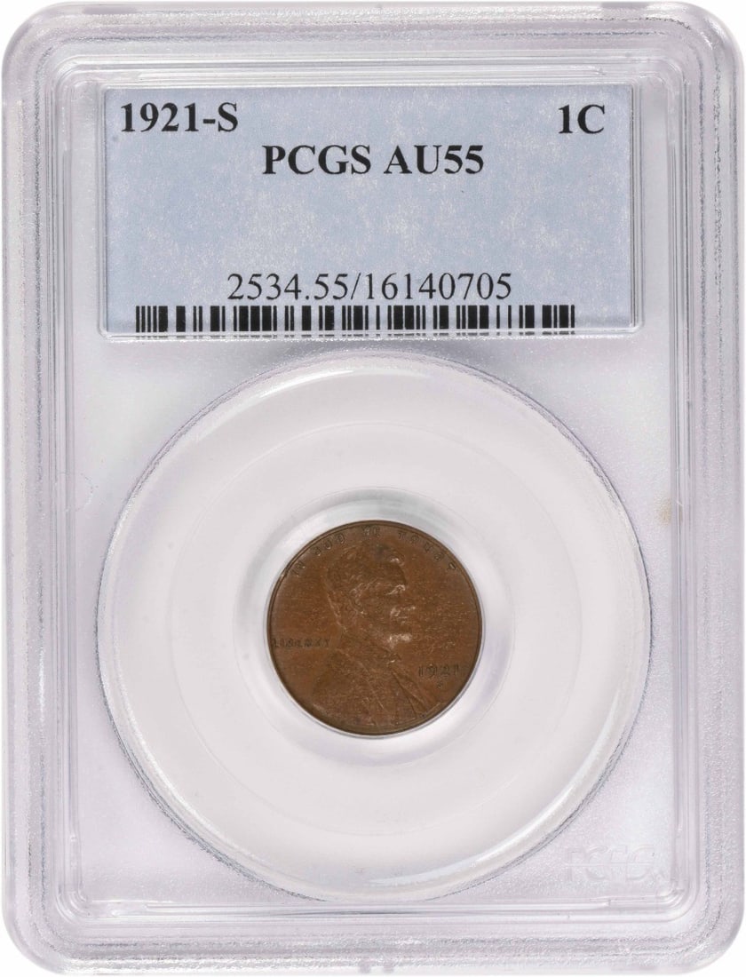 PCGS AU55 1921 S Lincoln Wheat Small Cent: PCGS AU55 1921 S Lincoln Wheat Small Cent 1921-S Lincoln Wheat Cent graded AU55 by PCGS. This copper small cent was minted in the United States and is listed as pre-owned. The coin is identified as an
