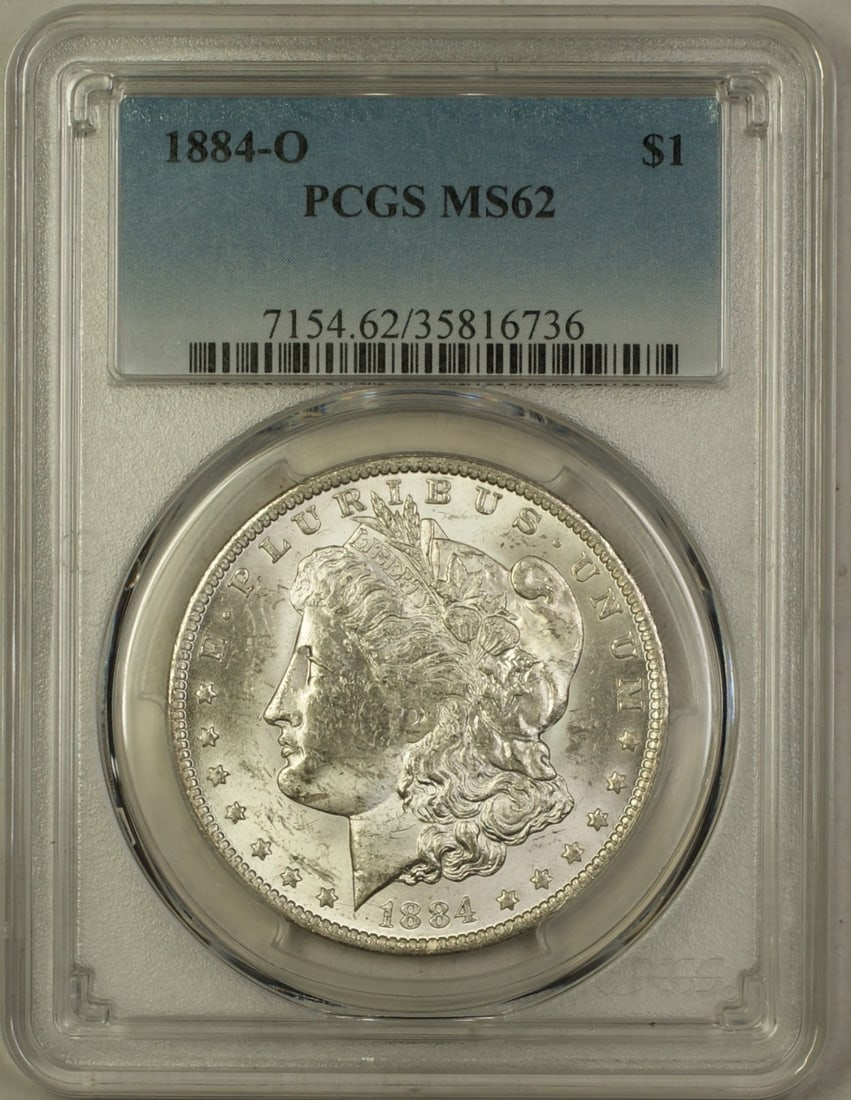 PCGS MS-62 Certified 1884-O Morgan Silver Dollar Uncirculated $1 Coin: PCGS MS-62 Certified 1884-O Morgan Silver Dollar Uncirculated $1 Coin This 1884-O Morgan Silver Dollar is a $1 coin certified by PCGS with a grade of MS 62. Struck in New Orleans, this uncirculated co