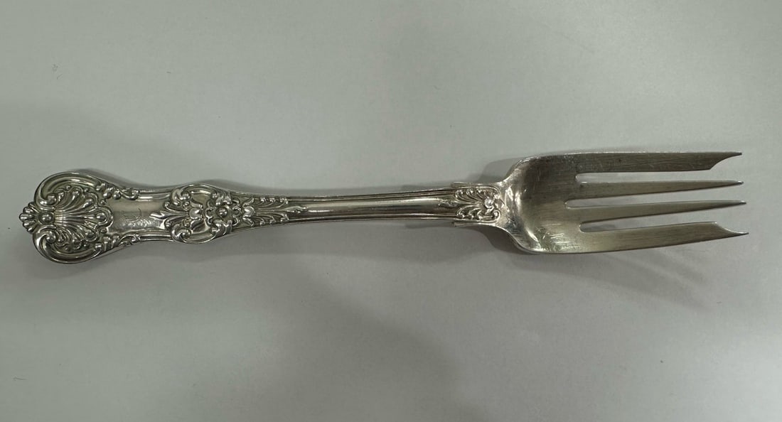Tiffany English King 6.75 Sterling Silver Monogrammed Salad Fork: Tiffany English King 6.75 Sterling Silver Monogrammed Salad Fork This Tiffany & Co. English King salad fork features a classic 4-tine design and is crafted from solid .925 sterling silver. Measuring a