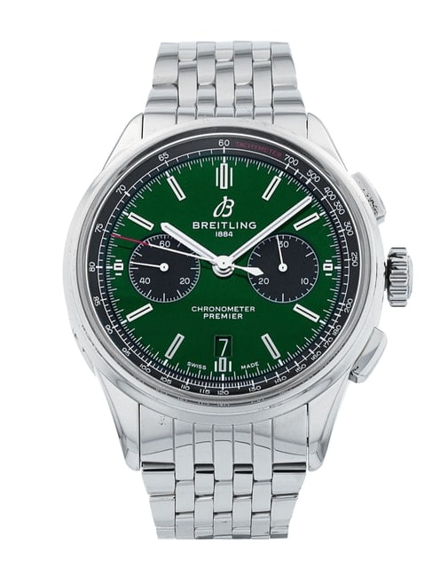 Breitling Premier B01 Green Dial AB0118 Bracelet Watch with Card 2019: Breitling Premier B01 Green Dial AB0118 Bracelet Watch with Card 2019 This Breitling Premier B01 wristwatch features a striking green dial and a stainless steel bezel, complemented by a matching brace