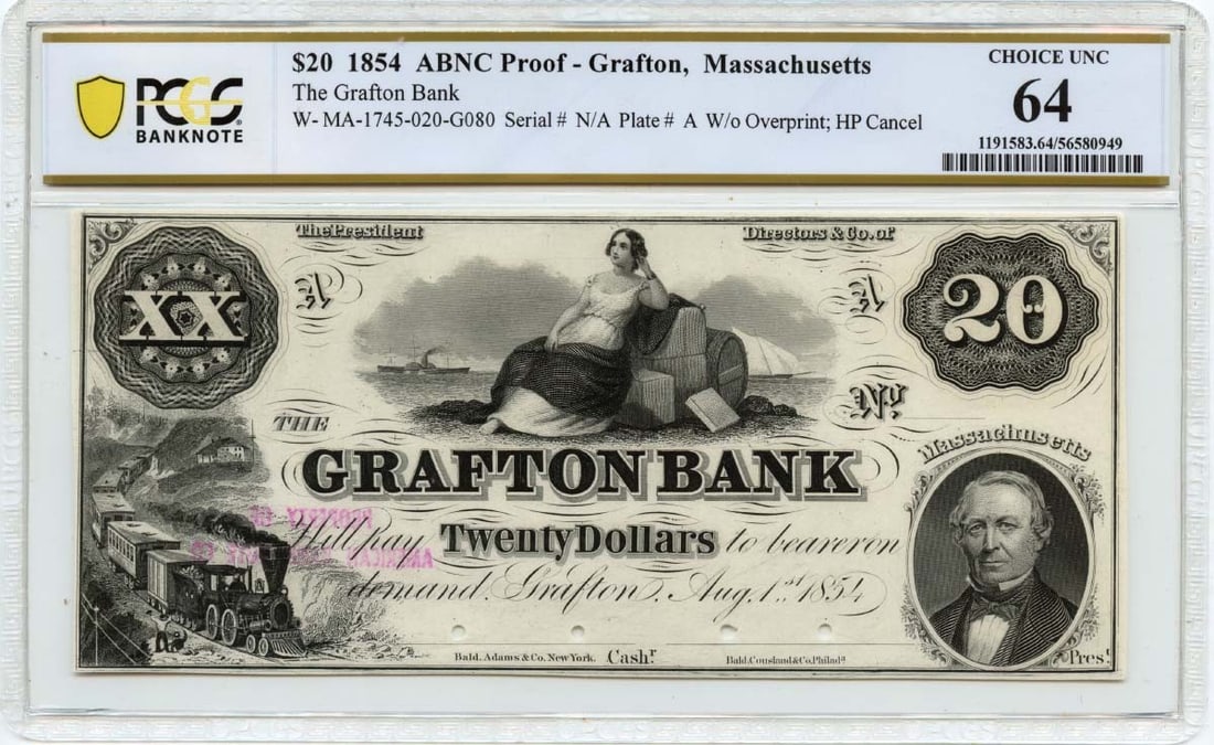 PCGS CU64 1854 Grafton Massachusetts Bank Note (1 of 2)