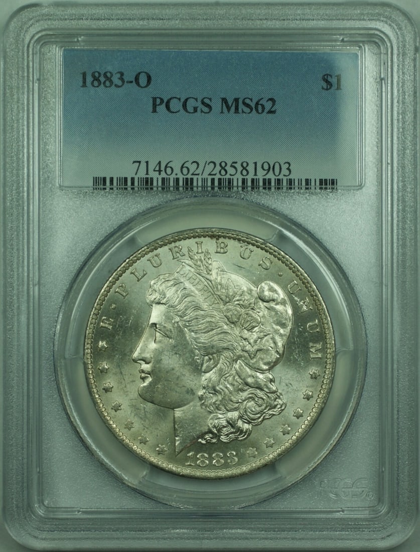 PCGS MS 62 1883-O Morgan Dollar Silver Coin Uncirculated New Orleans Mint: PCGS MS 62 1883-O Morgan Dollar Silver Coin Uncirculated New Orleans Mint This 1883-O Morgan Silver Dollar is certified by PCGS with a grade of MS-62. Minted at the New Orleans Mint, it features the c
