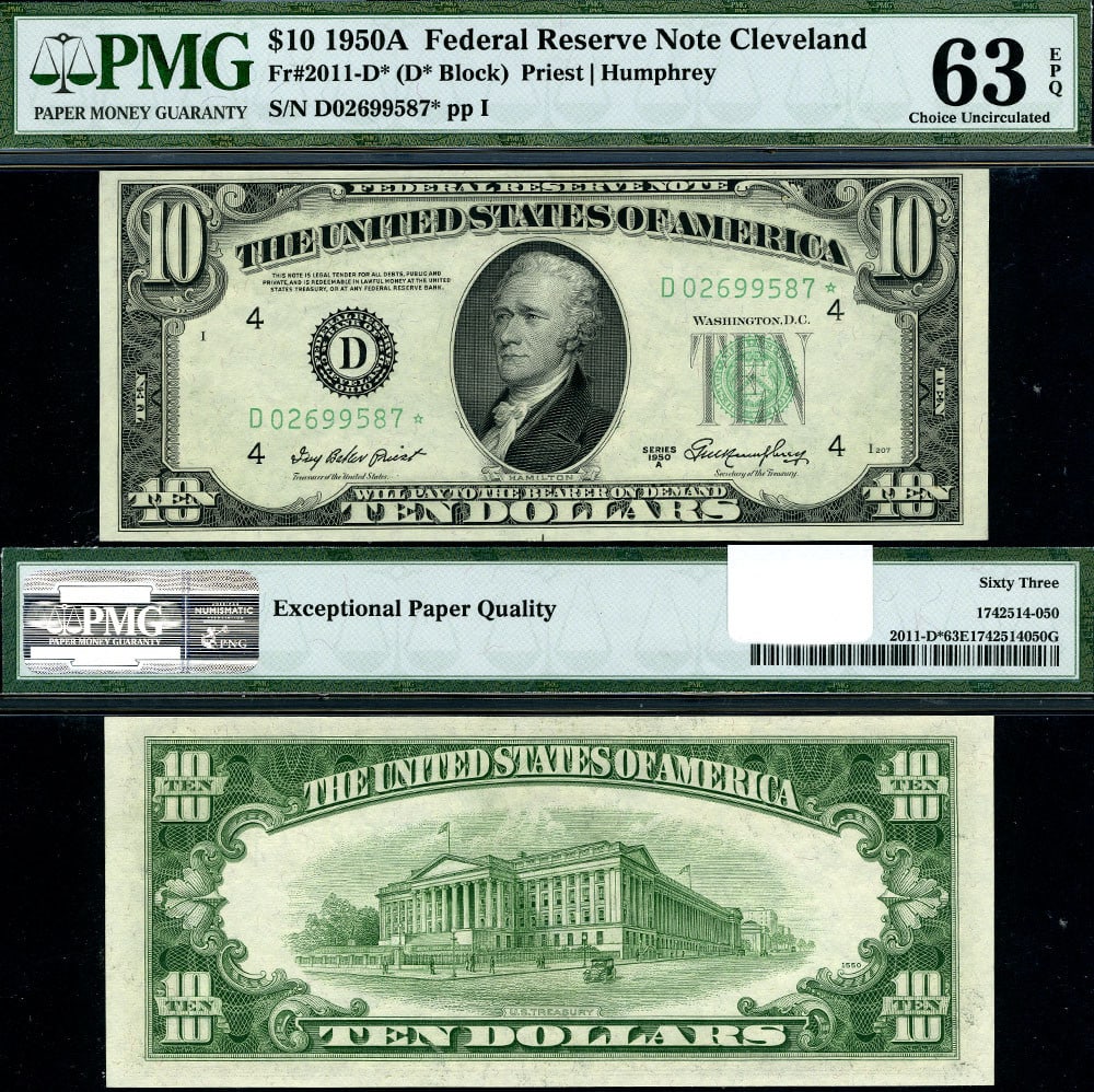 1950-A $10 Federal Reserve Note Cleveland D* Block PMG CU63 EPQ: 1950-A $10 Federal Reserve Note Cleveland D* Block PMG CU63 EPQ This 1950-A $10 Federal Reserve Note from the Cleveland District, designated as D-* Block, is in exceptional condition with a PMG certif