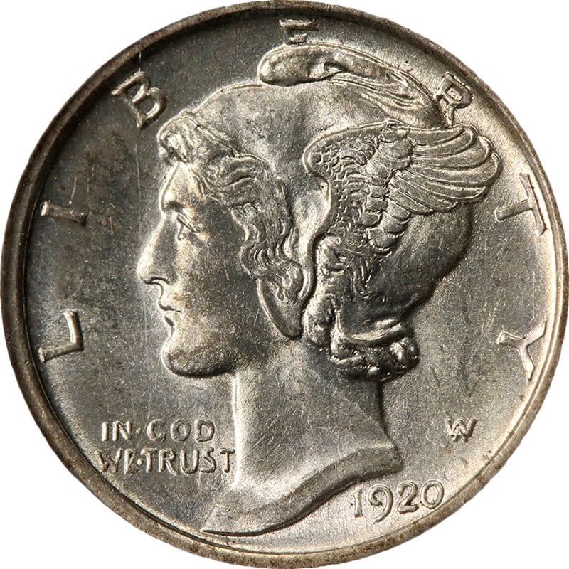 1920-D Silver Mercury Dime Brilliant Uncirculated with Attractive Luster: 1920-D Silver Mercury Dime Brilliant Uncirculated with Attractive Luster This original 1920-D Mercury Dime is uncirculated and features attractive eye appeal, strong luster, and a well-defined strike.