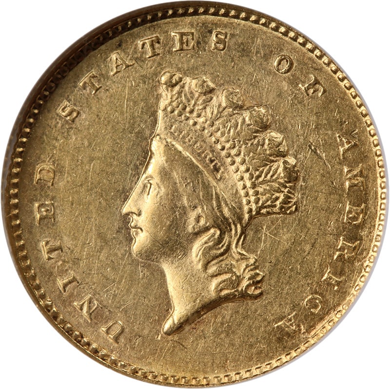 NGC AU58 1856-S Type 2 Indian Princess Gold Dollar Key Date: NGC AU58 1856-S Type 2 Indian Princess Gold Dollar Key Date This 1856-S Type 2 Indian Princess Gold $1 coin is certified by NGC with an AU58 grade. It is described as having nice eye appeal, nice lust