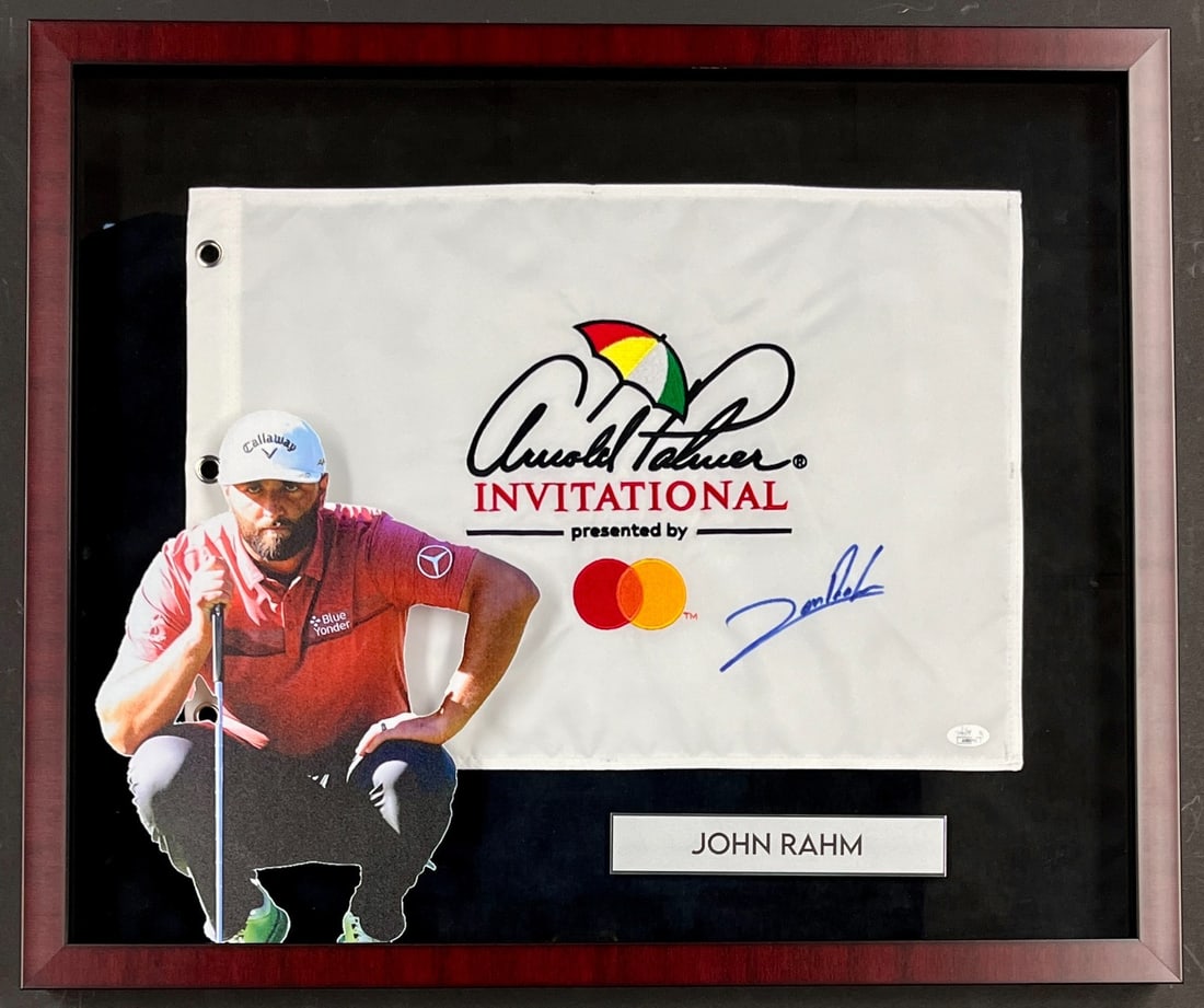 Jon Rahm Signed Arnold Palmer Invitational Flag Custom Framed JSA Authenticated Display: Jon Rahm Signed Arnold Palmer Invitational Flag Custom Framed JSA Authenticated Display This professionally framed display features a signed pin flag from the prestigious Arnold Palmer Invitational, a