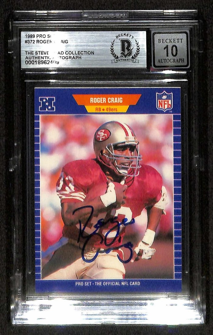 1989 Pro Set Roger Craig signed 49ers card Beckett 10: 1989 Pro Set Roger Craig signed 49ers card Beckett 10 This 1989 Pro Set football trading card features San Francisco 49ers running back Roger Craig. The card is hand-signed by Roger Craig and has been
