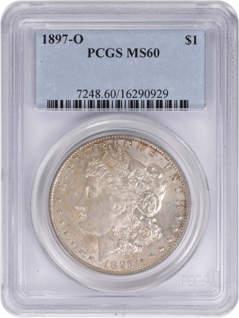 PCGS MS60 1897-O New Orleans Morgan Dollar 90 Percent Silver: PCGS MS60 1897-O New Orleans Morgan Dollar 90 Percent Silver This 1897-O Morgan Silver Dollar is certified by PCGS with a grade of MS60. Struck at the New Orleans Mint, this uncirculated coin is compo
