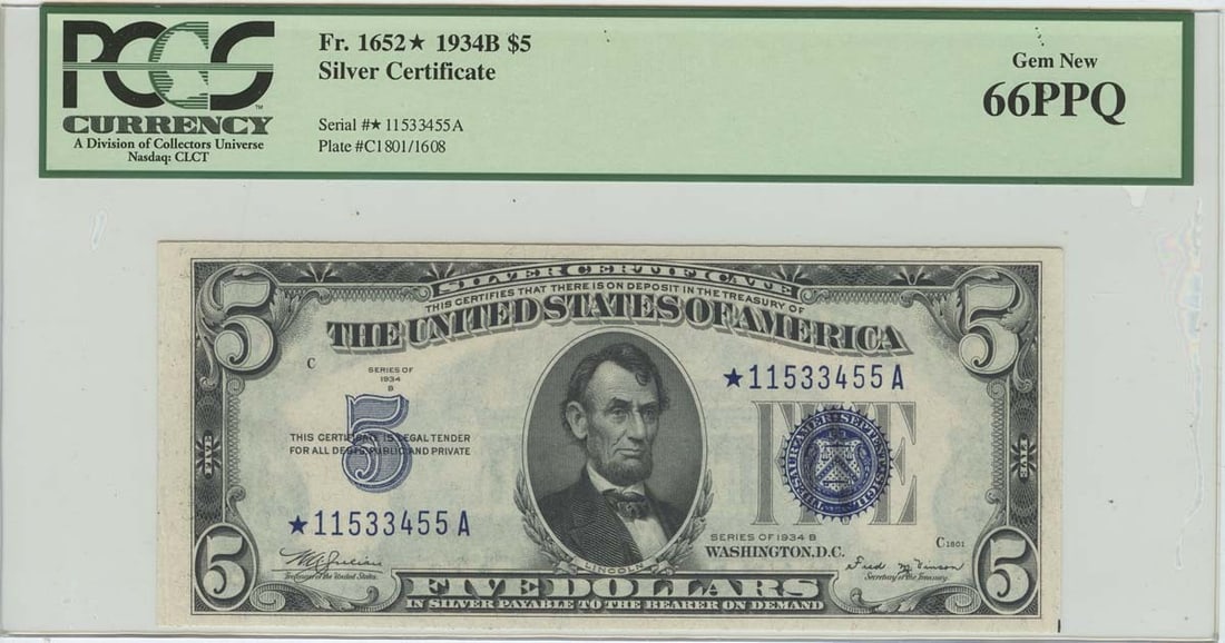 PCGS MS66 1934B $5 Silver Certificate Star Note FR#1652*: PCGS MS66 1934B $5 Silver Certificate Star Note FR#1652* This is a 1934B $5 Silver Certificate Star Note, designated as FR#1652*, graded MS66 by PCGS. The note is uncirculated and features Abraham Lin