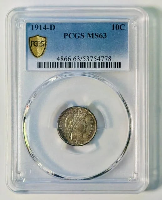 1914 Denver Barber Silver Dime PCGS MS 63: 1914 Denver Barber Silver Dime PCGS MS 63 This 1914 D Barber Dime is certified by PCGS with a grade of MS 63, indicating a well-preserved coin with minimal marks. Minted in Denver, it is composed of s