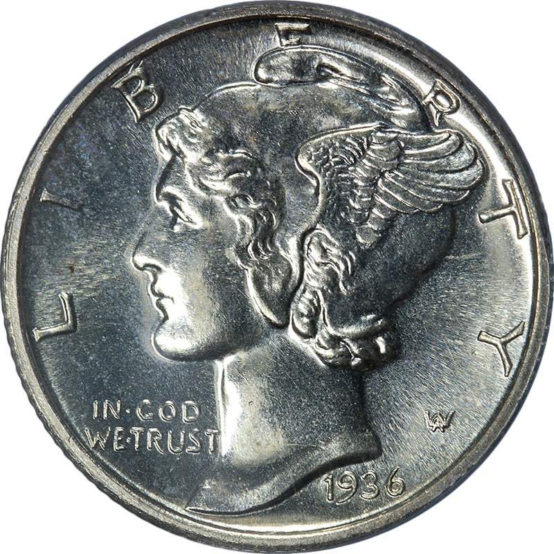 1936 Silver Mercury Dime Proof PCGS PR65 CAC Certified Gem: 1936 Silver Mercury Dime Proof PCGS PR65 CAC Certified Gem This original 1936 Mercury Dime is a proof coin graded PR65 by PCGS and features a CAC sticker, indicating its quality. The coin is composed 