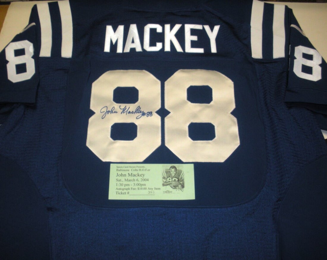 John Mackey Signed Nike Jersey Baltimore Colts HOF 88 COA: John Mackey Signed Nike Jersey Baltimore Colts HOF 88 COA This officially licensed Nike jersey features the signature of John Mackey, Hall of Fame Class of 1988, making it a valuable collectible for a