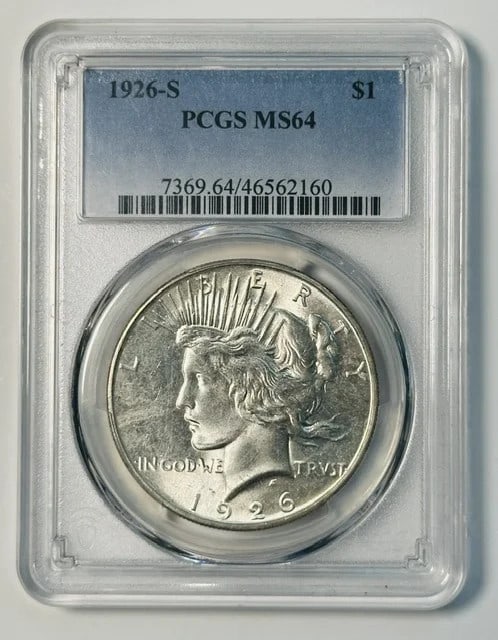 PCGS MS-64 1926-S Peace Silver Dollar: PCGS MS-64 1926-S Peace Silver Dollar This 1926 Peace Dollar is composed of silver and has been graded MS 64 by PCGS. Minted in San Francisco, it represents a pre-owned example of this iconic U.S. coi