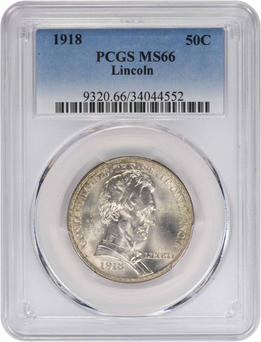 1918 Silver Half Dollar MS66 Commemorative Coin Certified by PCGS: 1918 Silver Half Dollar MS66 Commemorative Coin Certified by PCGS This is a 1918 Lincoln Commemorative Silver Half Dollar graded MS66 by PCGS. The coin is uncirculated and features a silver compositio