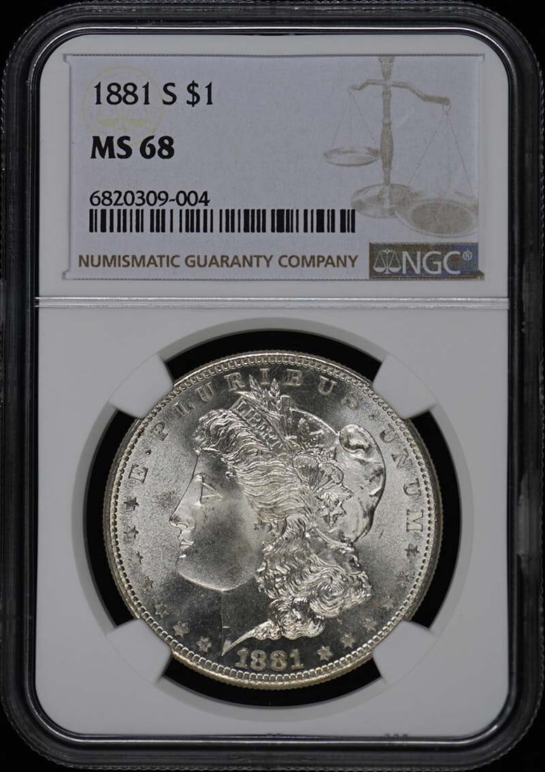 1881-S Morgan Dollar NGC MS68 Uncirculated Coin: 1881-S Morgan Dollar NGC MS68 Uncirculated Coin This 1881-S Morgan Dollar is a remarkable example of numismatic artistry, graded MS68 by NGC, ensuring its exceptional quality and condition. Minted in 