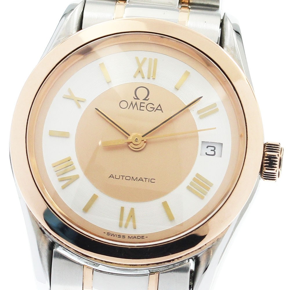 OMEGA womens automatic wristwatch with PG bezel and date: OMEGA womens automatic wristwatch with PG bezel and date OMEGA automatic wristwatch for women from the Classic Date line with a PG bezel. This pre-owned watch is a Swiss-made piece designed in a class