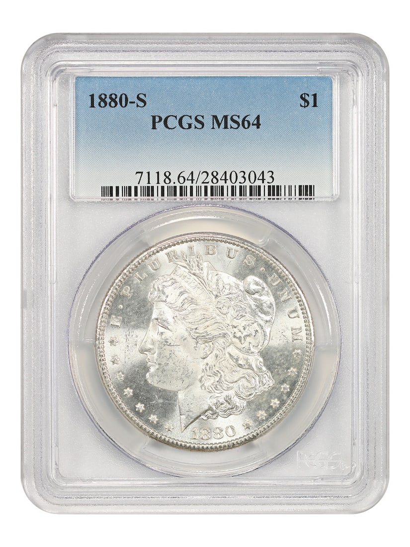 PCGS MS64 1880-S Morgan Dollar $1 Uncirculated Coin: PCGS MS64 1880-S Morgan Dollar $1 Uncirculated Coin 1880-S Morgan Dollar graded PCGS MS64. This uncirculated $1 coin from the Morgan Dollar series was minted in San Francisco and is noted for its cons