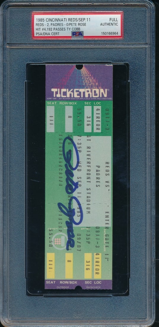 September 11 1985 Reds Full Ticket Signed by Pete Rose PSA DNA Authenticated (1 of 2)