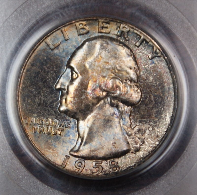 PCGS MS-66 1958 Silver Washington Quarter Light Toning: PCGS MS-66 1958 Silver Washington Quarter Light Toning This is a 1958 Washington Quarter graded MS-66 by PCGS. The coin is composed of silver, minted in Philadelphia, and features a lightly toned appe
