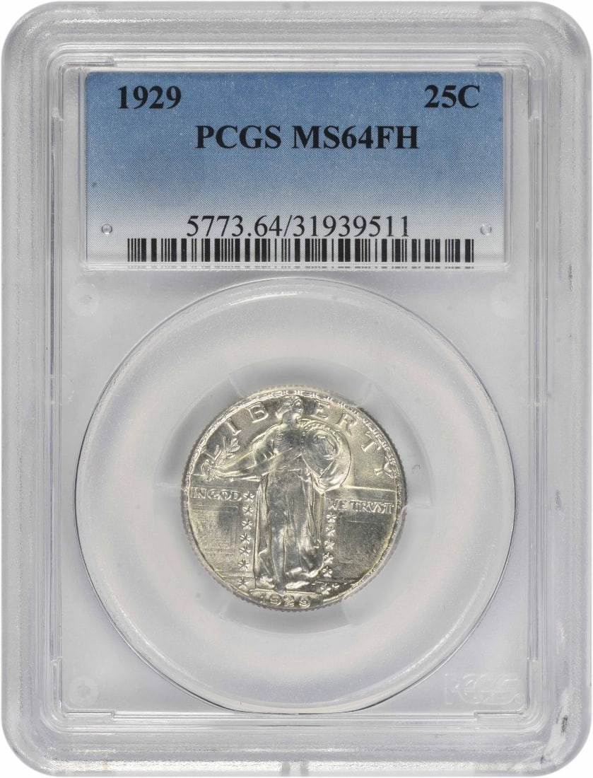 PCGS MS64FH 1929 Standing Liberty 25C Silver Quarter: PCGS MS64FH 1929 Standing Liberty 25C Silver Quarter This 1929 Standing Liberty Silver Quarter is graded MS64FH by PCGS. The coin is uncirculated and features the iconic Standing Liberty design. It is