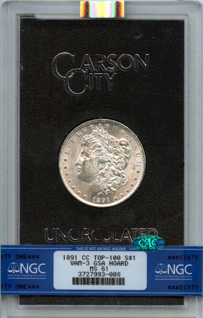 NGC MS61 Carson City 1891 Morgan Dollar VAM-3 GSA Hoard CAC Approved: NGC MS61 Carson City 1891 Morgan Dollar VAM-3 GSA Hoard CAC Approved This is an 1891-CC Morgan Dollar VAM-3 from the GSA Hoard, graded MS61 by NGC with a CAC endorsement. Struck at the Carson City Min