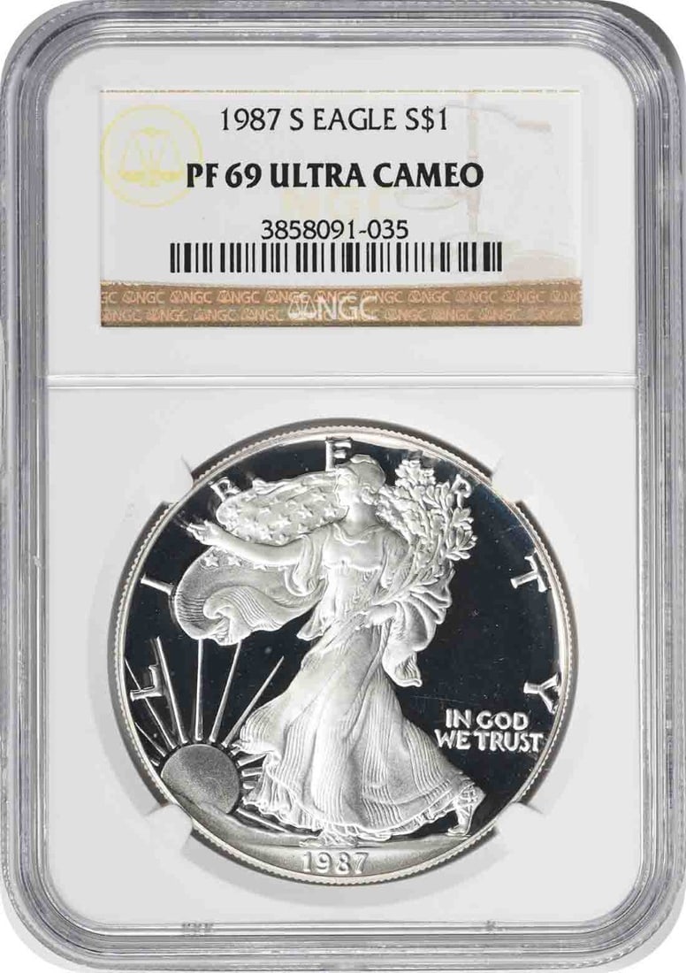 NGC PF69 Ultra Cameo 1987-S American Silver Eagle Dollar: NGC PF69 Ultra Cameo 1987-S American Silver Eagle Dollar This 1987-S American Silver Eagle is a proof coin graded PF69 Ultra Cameo by NGC. Struck at the San Francisco Mint, it contains 1 oz of silver 