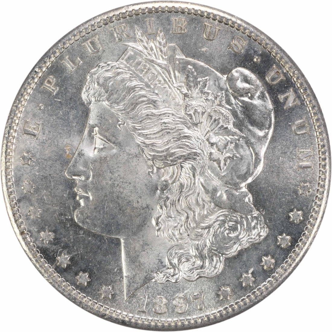 Uncirculated 1897 San Francisco Morgan Dollar Silver Choice BU Uncertified: Uncirculated 1897 San Francisco Morgan Dollar Silver Choice BU Uncertified This 1897-S Morgan Silver Dollar is a Choice Brilliant Uncirculated (BU) coin, featuring its original silver composition. Min