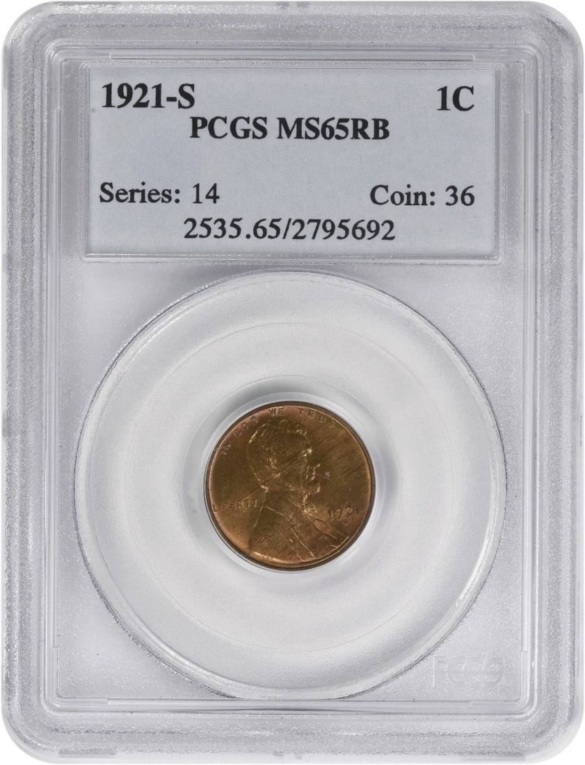 PCGS MS65RB 1921-S Lincoln Wheat Cent Copper: PCGS MS65RB 1921-S Lincoln Wheat Cent Copper This is a 1921 Lincoln Wheat Cent, graded MS65RB by PCGS. The coin is uncirculated and composed of copper. It originates from the United States and is desi