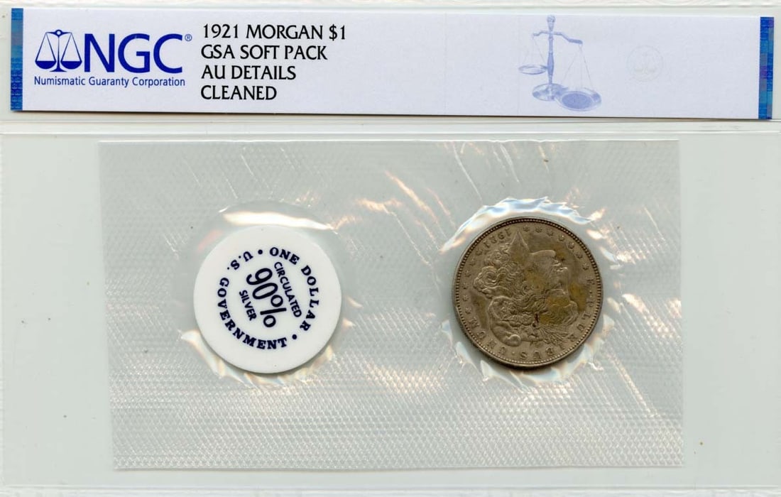 NGC AU Details 1921 Morgan Dollar Soft Pack GSA Silver Coin: NGC AU Details 1921 Morgan Dollar Soft Pack GSA Silver Coin This 1921 Morgan Dollar features the iconic design and is certified by NGC with an AU Details grade. Housed in a GSA soft pack, this uncircu