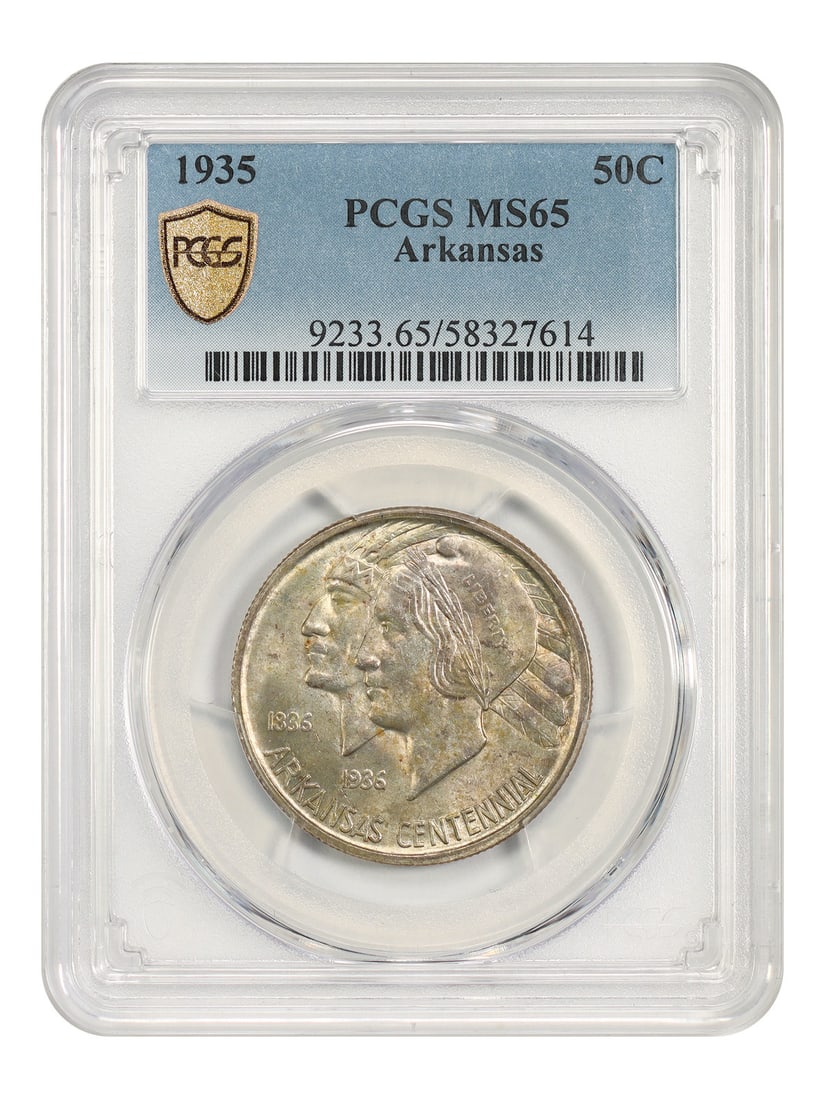 PCGS MS65 1935 Arkansas 50C Silver Commemorative Coin: PCGS MS65 1935 Arkansas 50C Silver Commemorative Coin 1935 50C Arkansas classic silver commemorative coin certified by PCGS and graded MS65. This Philadelphia issue is uncirculated and marked as a low