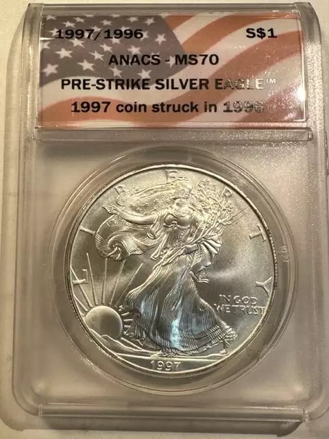 1997 1996 Silver Eagle ANACS MS 70 Uncirculated Coin: 1997 1996 Silver Eagle ANACS MS 70 Uncirculated Coin This 1997/1996 Silver Eagle coin is certified by ANACS with a grade of MS 70, indicating it is in uncirculated condition. Made of high-quality silv