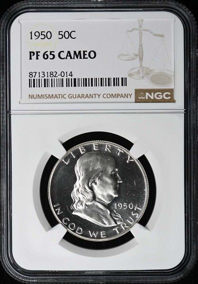 1950 Proof Franklin Half Dollar NGC PR65 Cameo Philadelphia: 1950 Proof Franklin Half Dollar NGC PR65 Cameo Philadelphia This is a 1950 Franklin Half Dollar, certified by NGC with a grade of PR65CAM. The coin is uncirculated and has a proof strike, featuring th